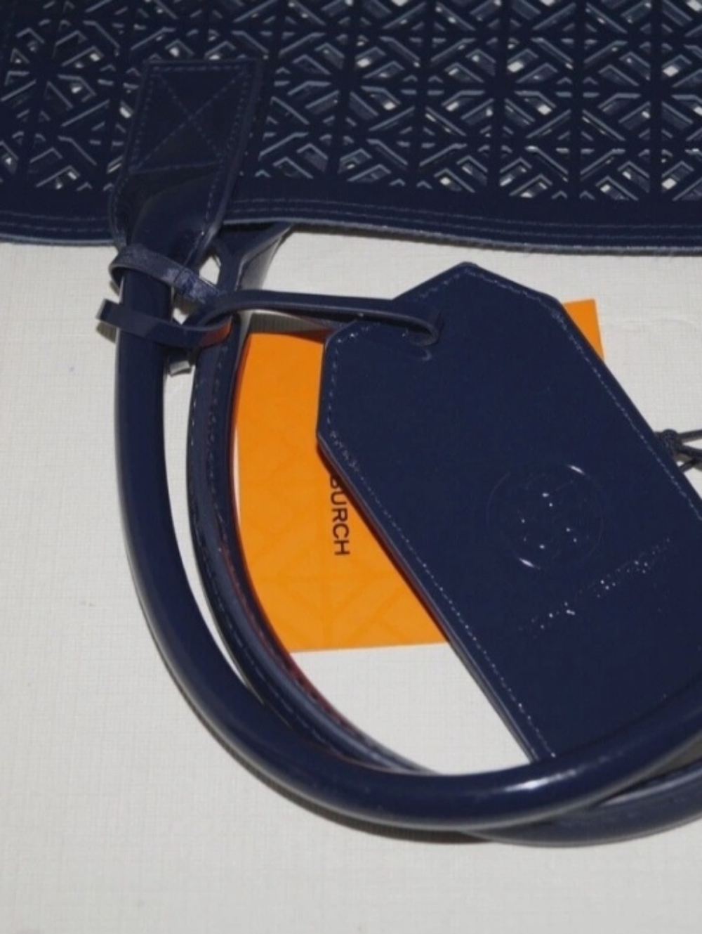 Tory Burch Laser Cut Navy Blue Tote - Picture 8 of 9